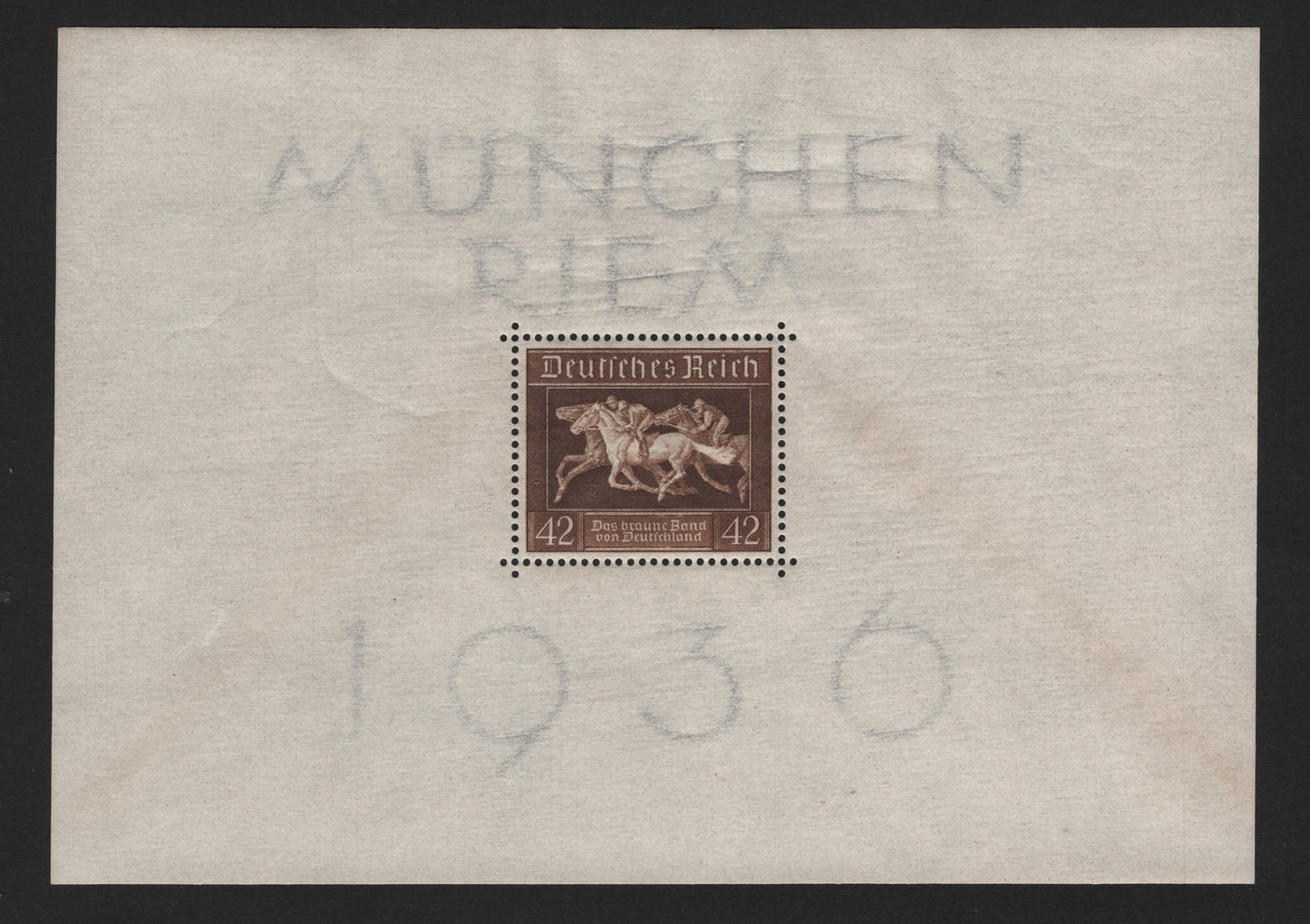 Lot 199 Germany SC#B90 (4x) 42pf Brown , 1936 Brown Ribbon Race Issue, A VFNH Souvenir Sheetlet Of 1, Very Light Age Toning