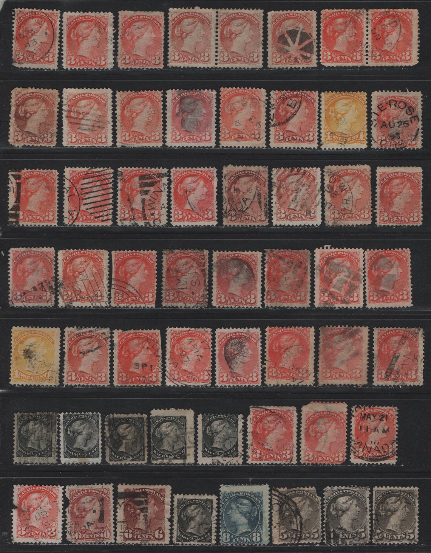 Lot 20 (C) Canada #34-35, 36i, 41-42, 44b, 45 1/2c - 8c Black - Blue Gray Queen Victoria, 1870-1897 Small Queen Issue, 54 Very Good Used Singles, Predominately VG or Faulty Examples, Completely Unchecked As To Paper/Perf