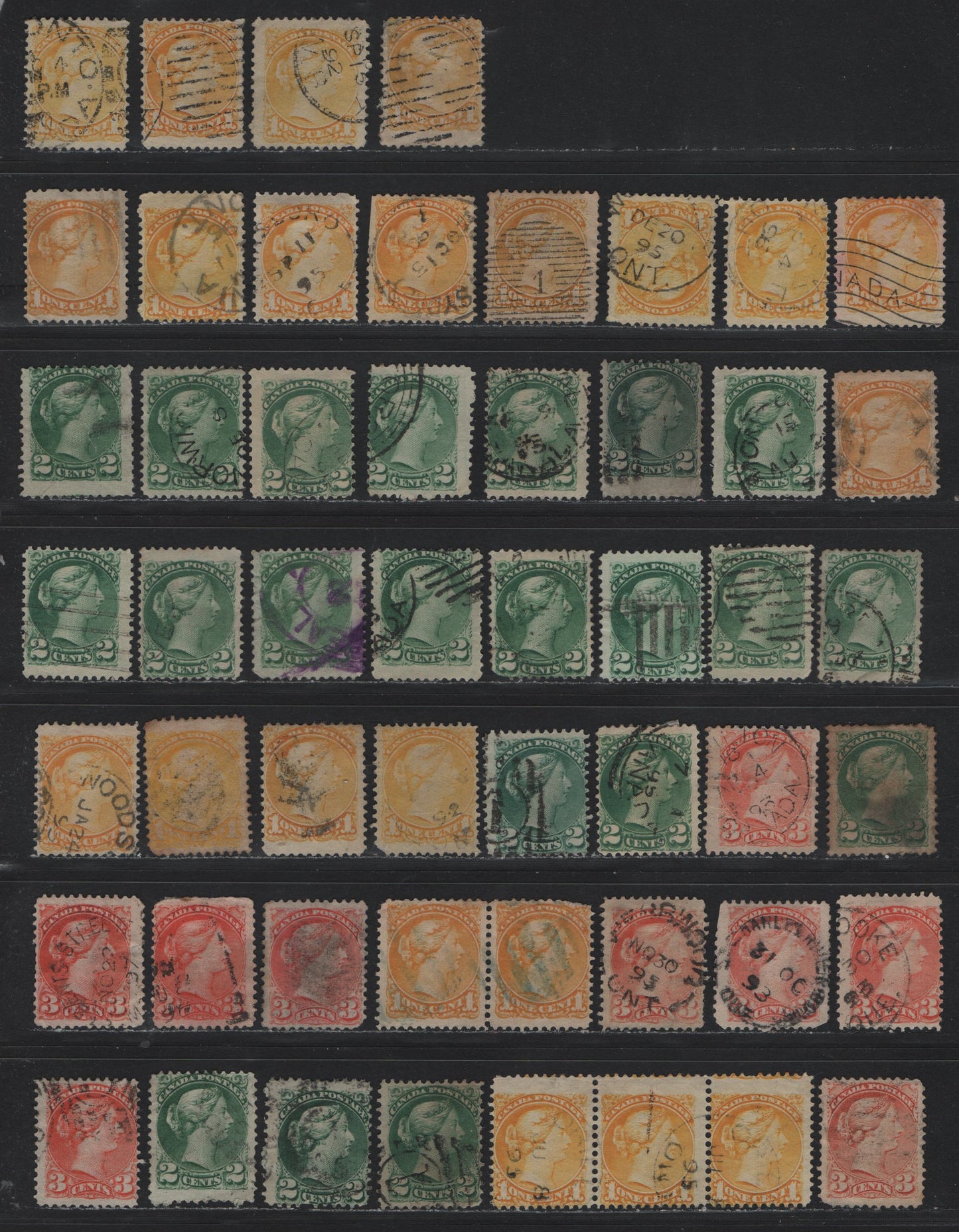 Lot 20 (C) Canada #34-35, 36i, 41-42, 44b, 45 1/2c - 8c Black - Blue Gray Queen Victoria, 1870-1897 Small Queen Issue, 54 Very Good Used Singles, Predominately VG or Faulty Examples, Completely Unchecked As To Paper/Perf