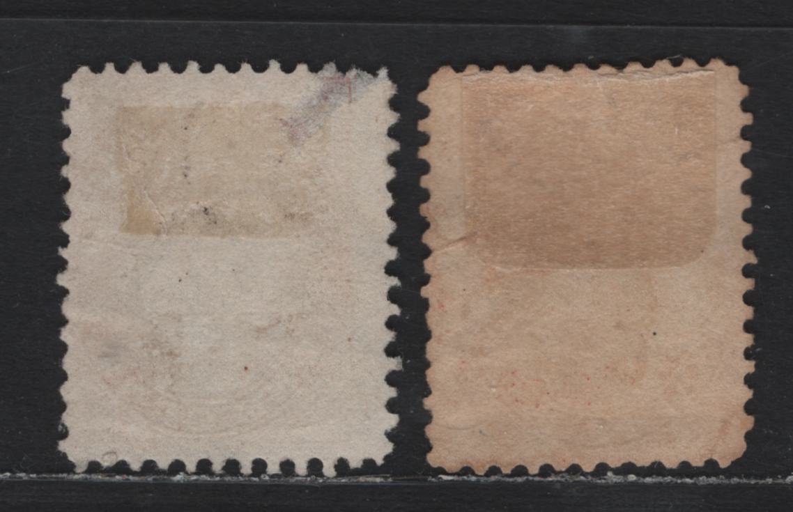Lot 2 (C) Canada #14, 14viii 1c Rose Queen Victoria, 1859-1864 First Cents Issue, 2 Good Used Singles, Perfs 12x11.75 & 12, Unchecked As To Exact Paper Types, One Is Faily Thick Opaque Vertical Wove, Other Is Medium Vertical Opaque Wove.