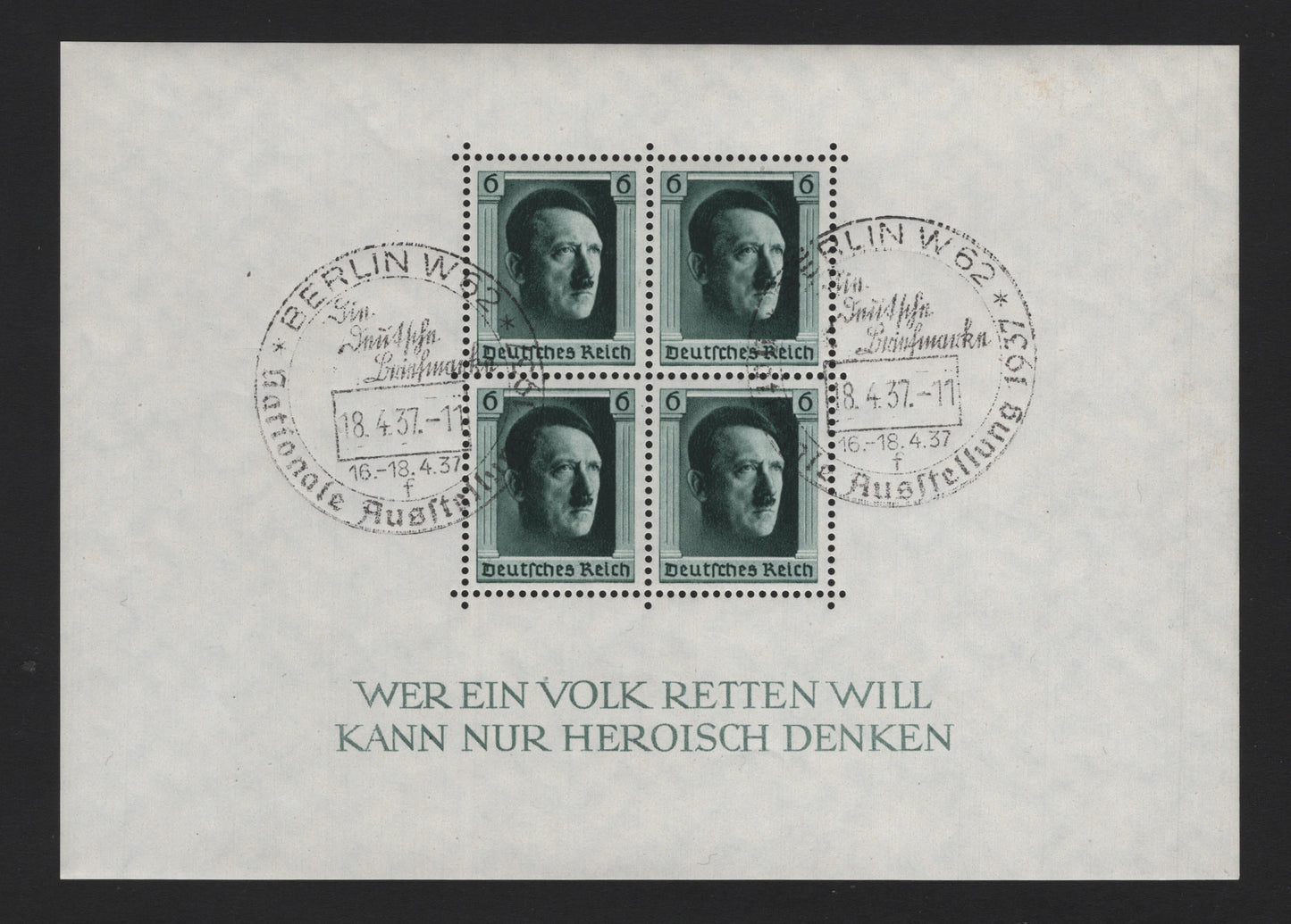 Lot 202 Germany SC#B102 (Block7) 6pf Blackish Blue Green , 1937 48th Birthday Of Hitler Issue, A VFNH CTO Souvenir Sheet, Sonderstempel (special Postmark) For Berlin W62, Full NH Gum