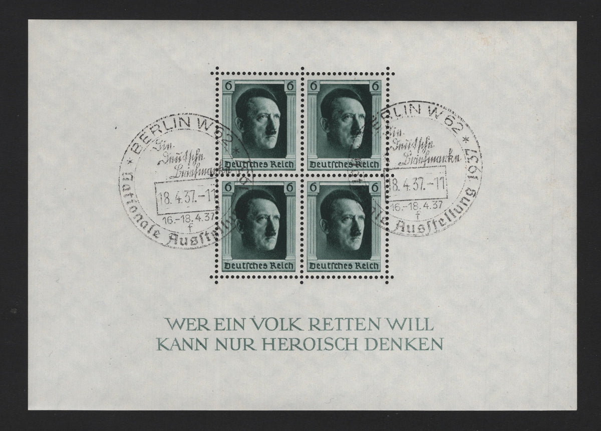 Lot 15 Germany SC#B102 (Block7) 6pf Blackish Blue Green, 1937 48th Birthday Of Hitler Issue, A VFNH CTO Souvenir Sheet, Sonderstempel (special Postmark) For Berlin W62, Full NH Gum
