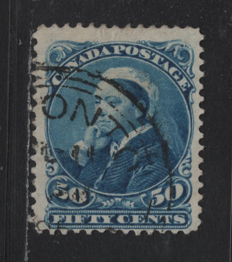 Lot 21 (C) Canada #47 50c Blue Queen Victoria, 1870-1893 Small Queen Issue, A Fine Used Single, Soft Horizontal Wove Paper, Perf 12.1x12
