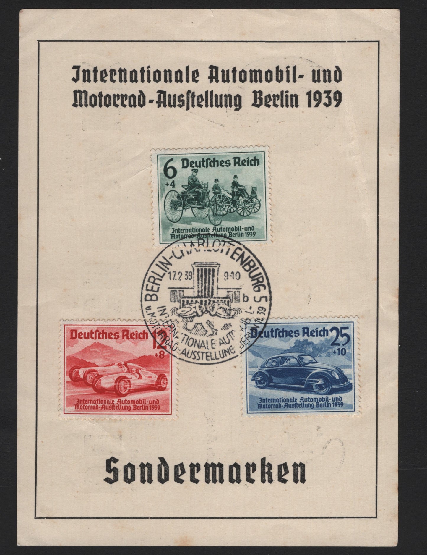 Lot 211 Germany SC#B134-136 (686-688) 6pf+4pf - 25pf+10pf Dark Green - Deep Blue , 1939 Berlin Automobile & Motorcycle Exhibition Issue, 3 Fine Used Souvenir Cards, Deutsche Bank Souvenir Card Containing Full Set