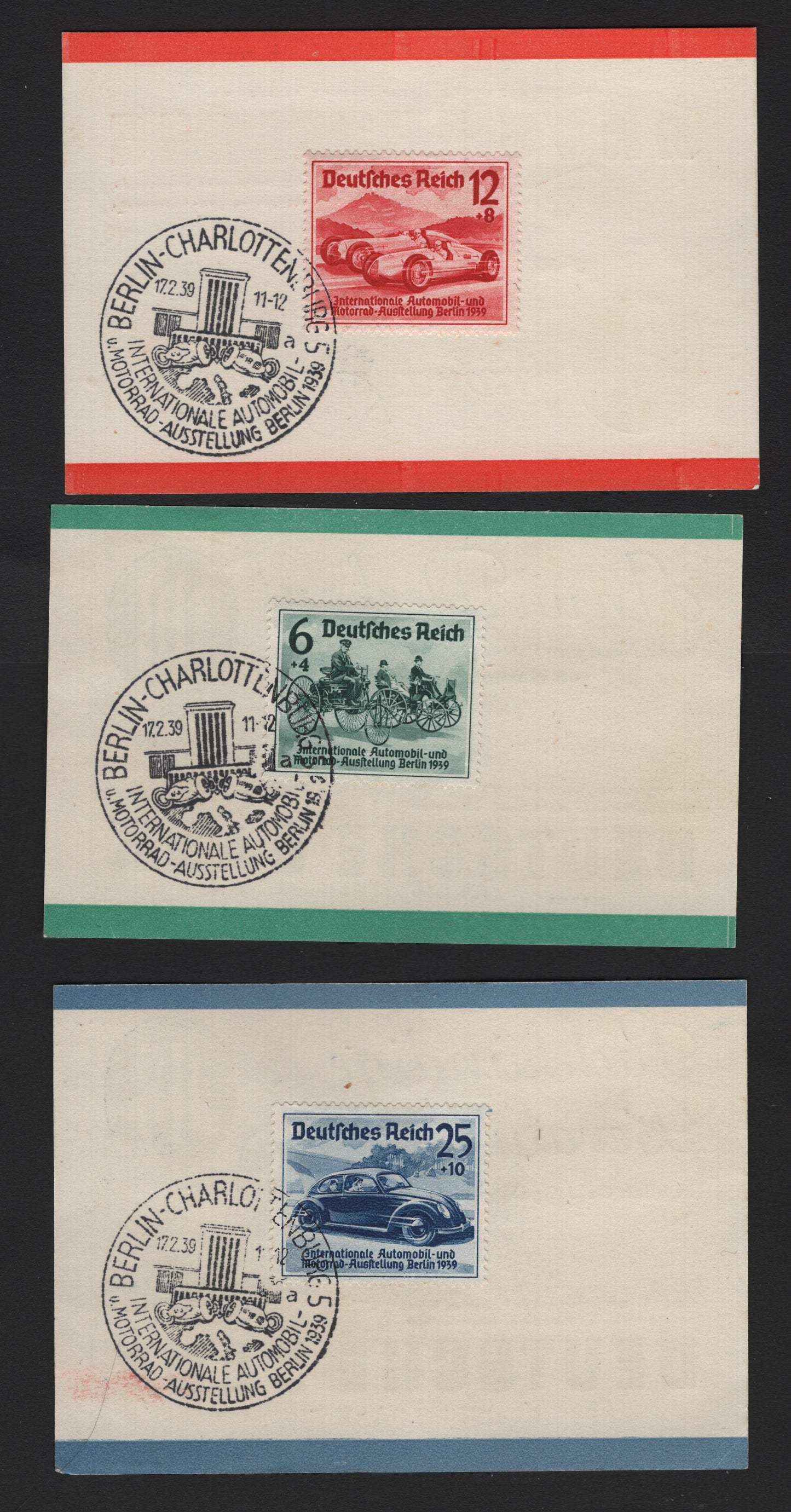 Lot 212 Germany SC#B134-136 (686-688) 6pf+4pf - 25pf+10pf Dark Green - Deep Blue , 1939 Berlin Automobile & Motorcycle Exhibition Issue, 3 Very Fine Used Souvenir Cards, Deutsche Bank or Dresdener Bank
