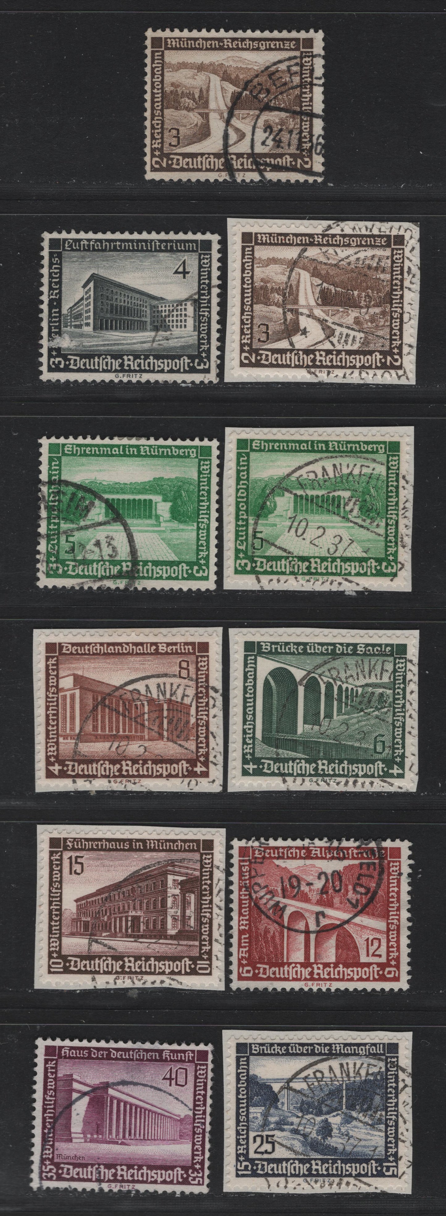 Lot 213 Germany SC#B93-B101 (634y-642y) 3pf+2pf - 40pf+35pf Black Brown - Rose Violet , 1936 Landmarks/Architecture Semi Postal Issue, 11 Fine/Very Fine Used Singles, Complete Set With Additional Shades of The 3pf+2pf & 5pf+3pf Bright Green