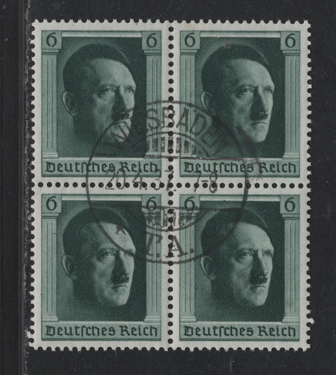 Lot 216 Germany SC#B102 (646) 6pf Blackish Blue Green , 1937 48th Birthday Of Hitler Issue, A Very Fine Used Block Of 4, April 20 Wiesbaden (Birthday) Cancel, Full NH, Original Gum.