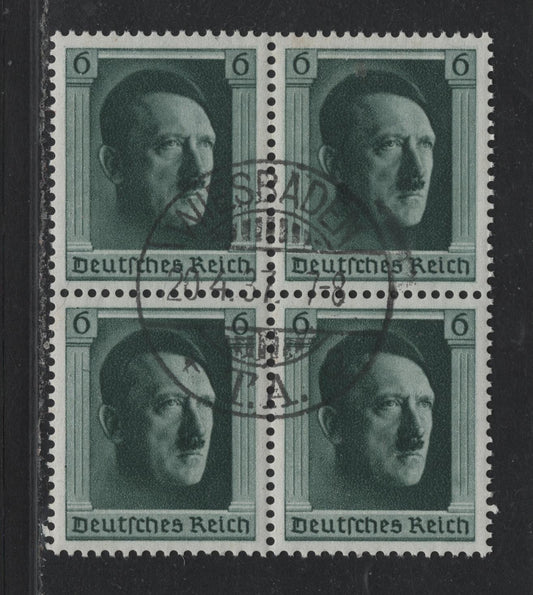 Lot 216 Germany SC#B102 (646) 6pf Blackish Blue Green, 1937 48th Birthday Of Hitler Issue, A Very Fine Used Block Of 4, April 20 Wiesbaden (Birthday) Cancel, Full NH, Original Gum.