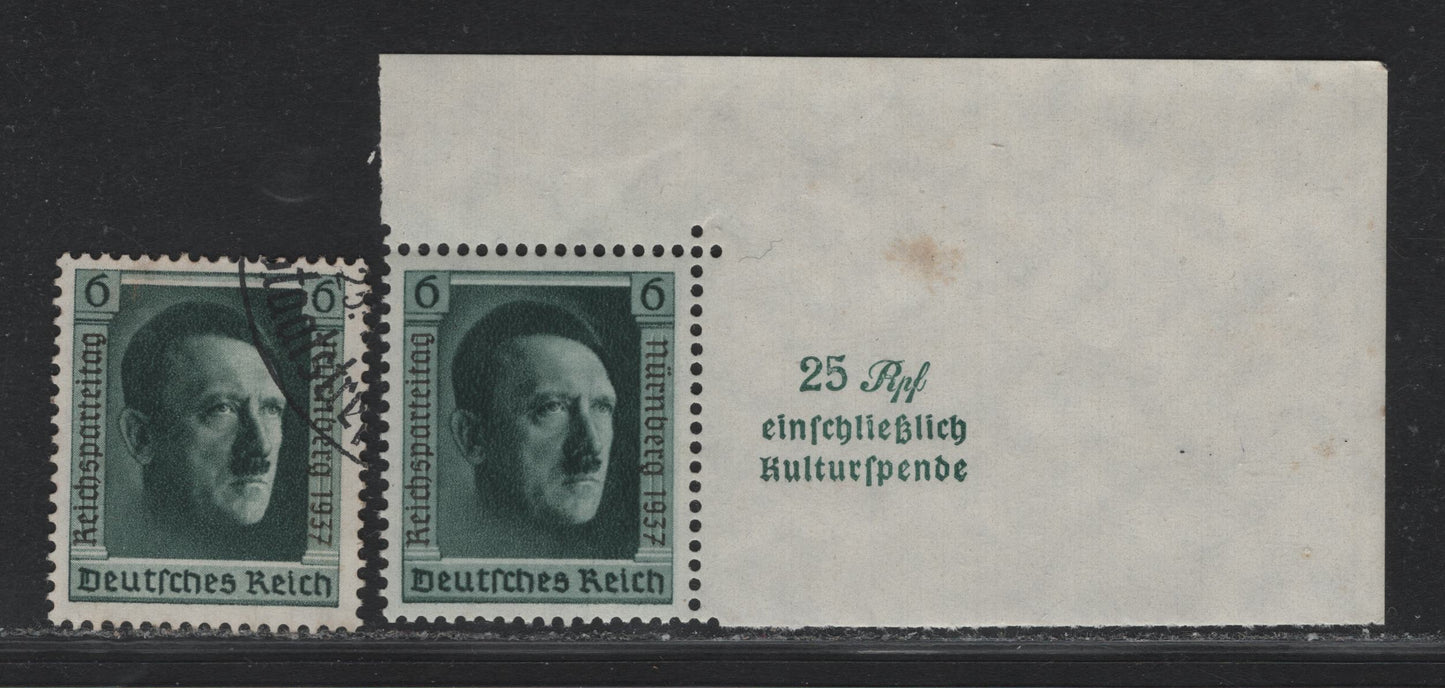 Lot 218 Germany SC#B106a 6pf Blackish Blue Green , 1937 Nazi Congress Issue, 2 VFOG & Very Fine Used Singles, Mint OG Single+Label & Used Single From Souvenir Sheet With Overprint