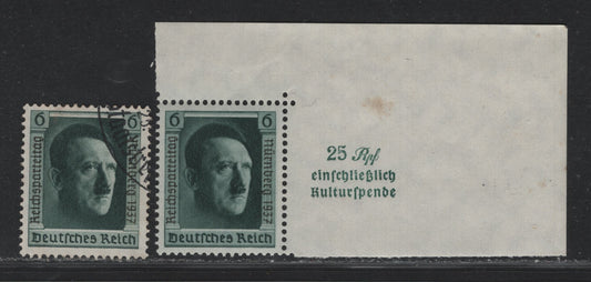 Lot 218 Germany SC#B106a 6pf Blackish Blue Green, 1937 Nazi Congress Issue, 2 VFOG & Very Fine Used Singles, Mint OG Single+Label & Used Single From Souvenir Sheet With Overprint