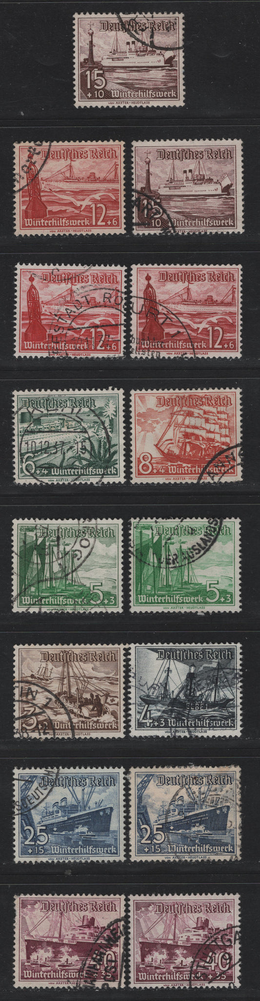 Lot 220 Germany SC#B107-B115 (651-659y) 3pf+2pf - 40pf+35pf Dark Brown - Rose Violet, 1937 Winter Aid Semi Postal Issue, 15 Fine/Very Fine Used Singles, Extra Shade Varieties of Most Values