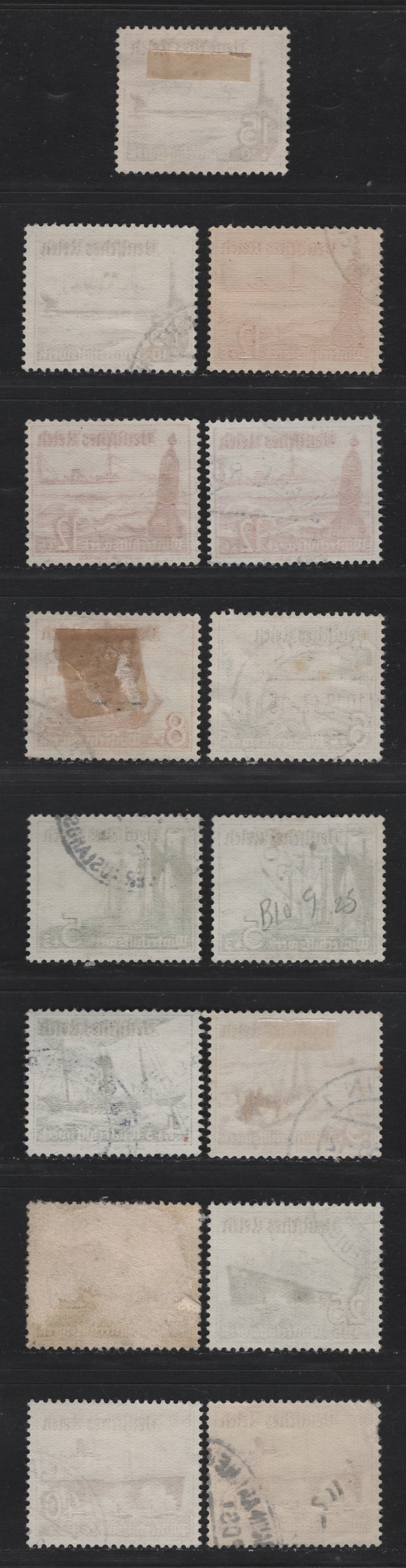 Lot 220 Germany SC#B107-B115 (651-659y) 3pf+2pf - 40pf+35pf Dark Brown - Rose Violet , 1937 Winter Aid Semi Postal Issue, 15 Fine/Very Fine Used Singles, Extra Shade Varieties of Most Values