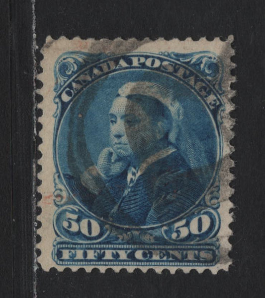 Lot 22 Canada #47 50c Blue Queen Victoria, 1870-1893 Small Queen Issue, A Fine Used Single, Soft Horizontal Wove Paper, Unchecked As To Specific Type, Perf 12, Rubber R Cancel.