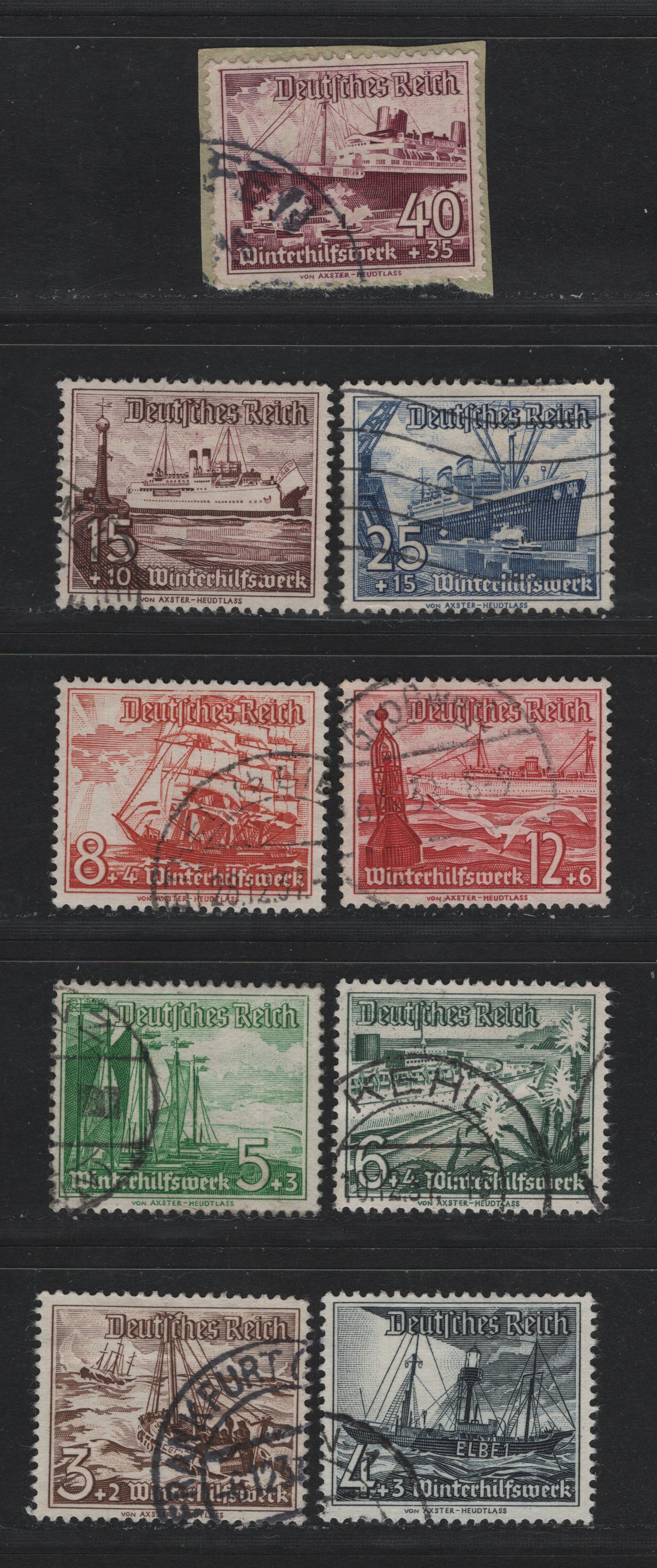 Lot 221 Germany SC#B107-B115 (651-659y) 3pf+2pf - 40pf+35pf Dark Brown - Rose Violet , 1937 Winter Aid Semi Postal Issue, 9 Fine/Very Fine Used Singles, As Lot 221, But Basic Complete Set Only