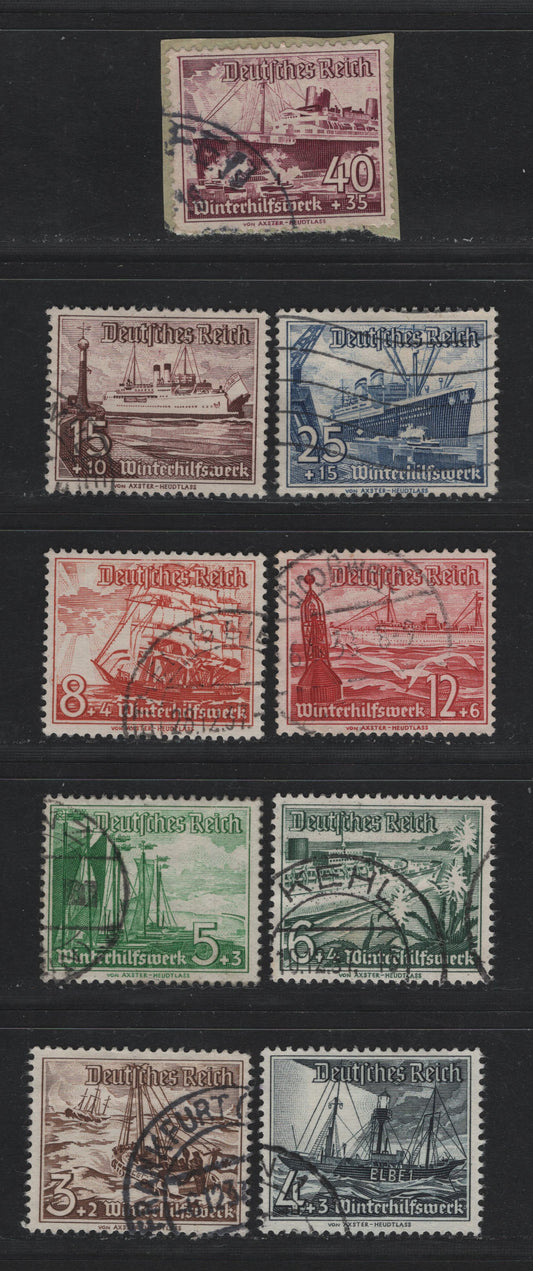 Lot 221 Germany SC#B107-B115 (651-659y) 3pf+2pf - 40pf+35pf Dark Brown - Rose Violet, 1937 Winter Aid Semi Postal Issue, 9 Fine/Very Fine Used Singles, As Lot 221, But Basic Complete Set Only