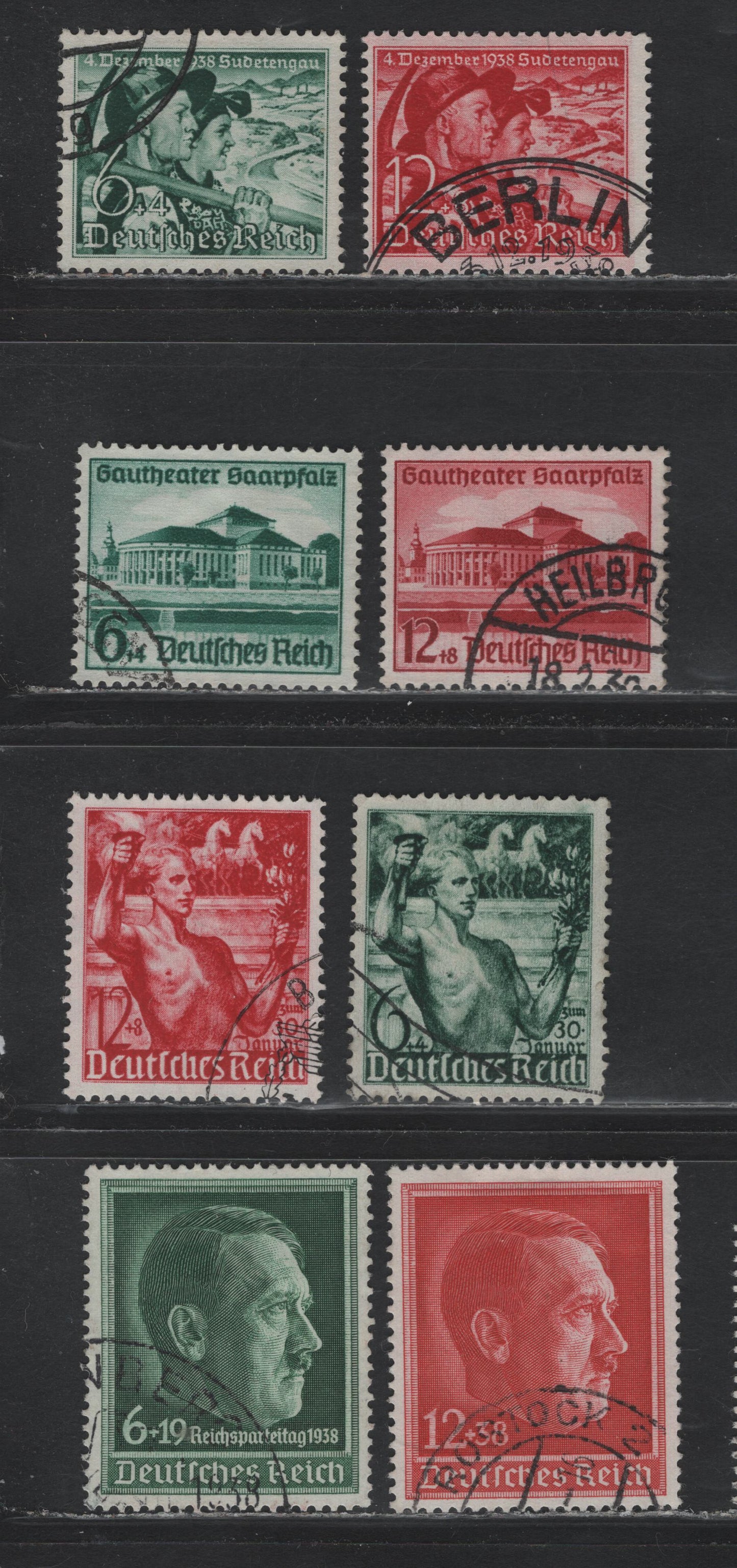 Lot 222 Germany SC#B116-B118, B120-B122, B132-B133 (660/685) 6pf+4pf - 12pf+8pf Deep Bluish Green - Dark Carmine , 1938 5th Anniv of Assumption of Power - Annexation of Sudetenland Issues, 8 Fine/Very Fine Used Singles
