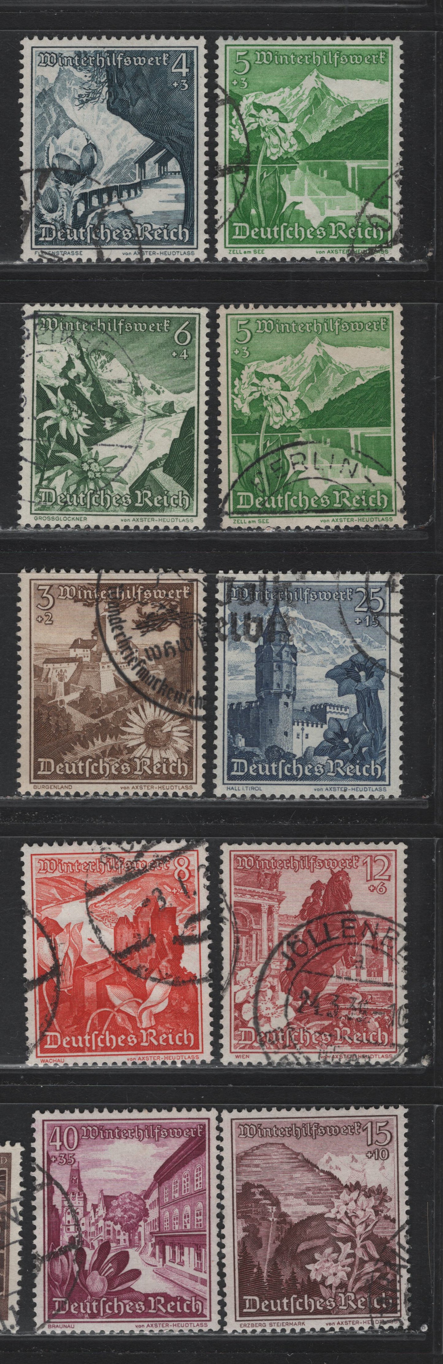 Lot 224 Germany SC#B123-B131 (675-683) 3pf+2pf - 40pf+35pf Olive Brown - Plum , 1938 Winter Aid Semi Postal Issue, 10 Fine/Very Fine Used Singles, Includes 2 Shades of 5pf+3pf