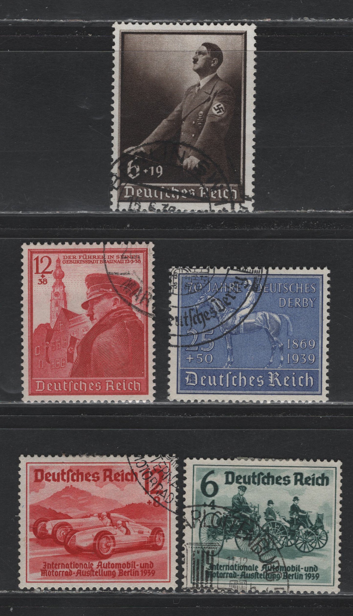 Lot 226 Germany SC#B134-B135, B137, B140, B144 (686-687, 691, 694, 698) 6pf+4pf - 25pf+50pf Dark Green - Ultramarine , 1939 Berlin Automobile & Motorcycle Exhibition - 70th Anniv of German Derby Issues, 5 Very Fine Used Singles
