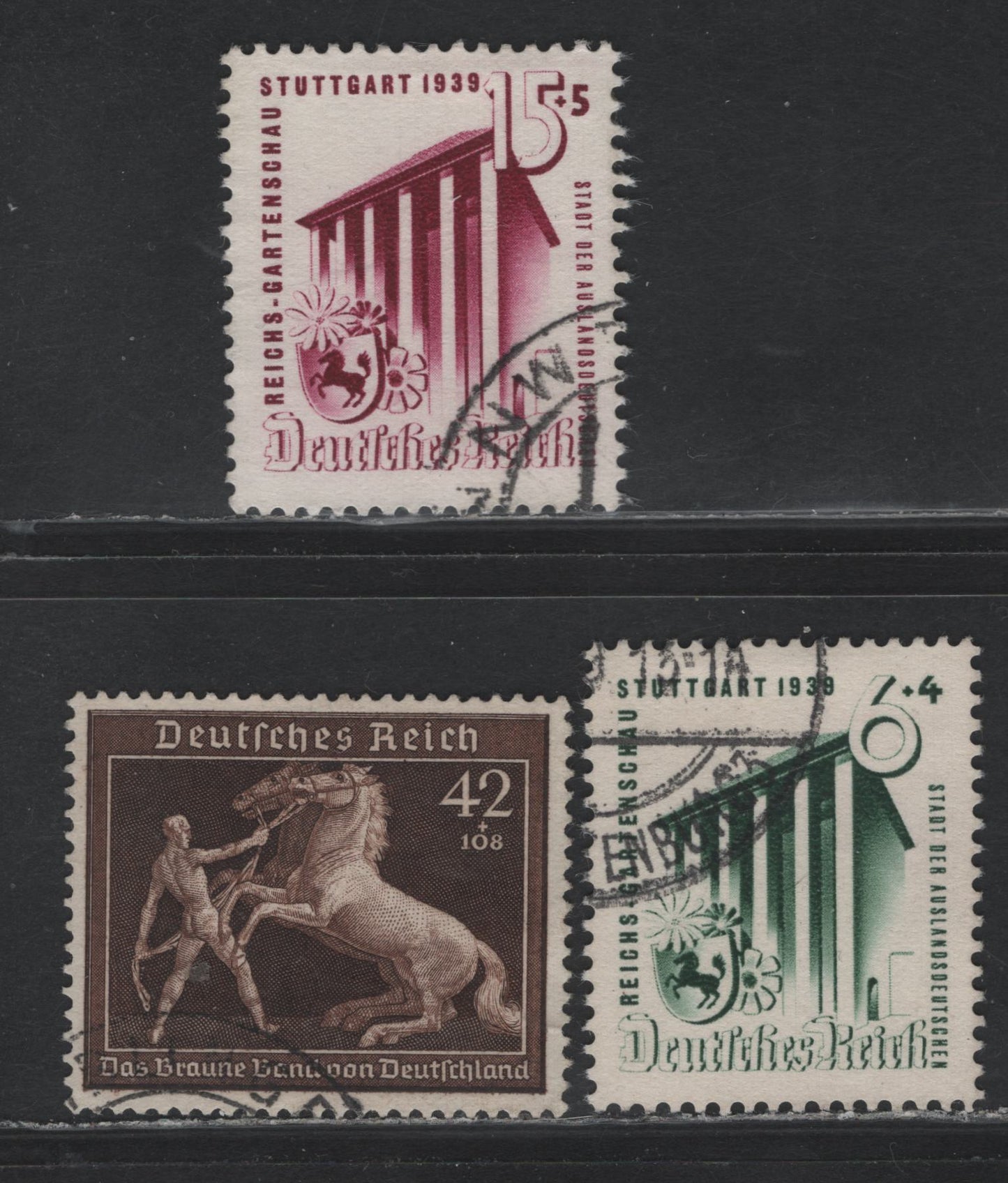 Lot 227 Germany SC#B138-B139, B145 (692-693, 699) 6pf+4pf - 42pf+108pf Dark Green - Deep Brown , 1939 Horticultural Exhibition - 6th Brown Ribbon Race Issues, 3 Very Fine Used Singles
