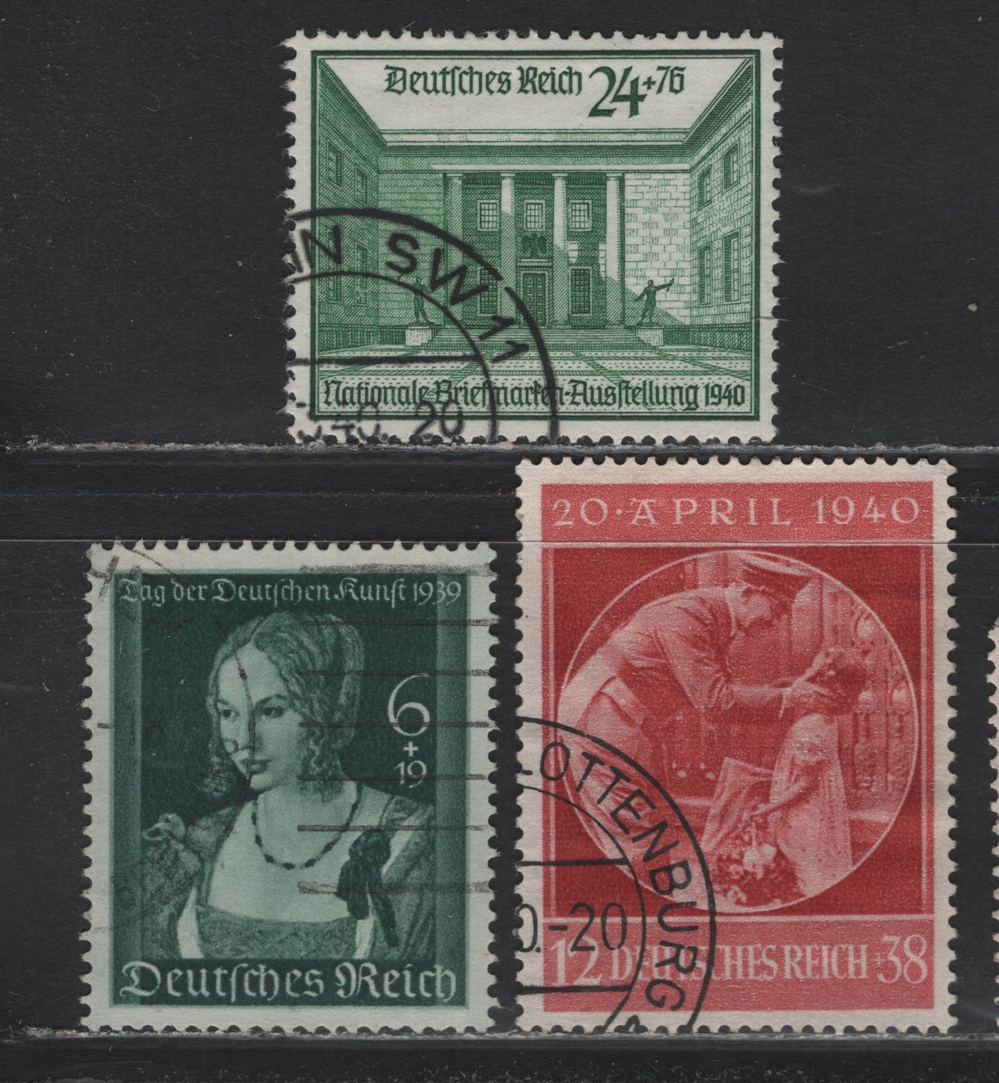 Lot 229 Germany SC#B146, B169,-B170 (700, 743-744) 6pf+19pf - 12pf+38pf Dark Green - Copper Red , 1939-1940 Day of German Art - 51st Birthday of Hitler Issues, 3 Very Fine Used Singles