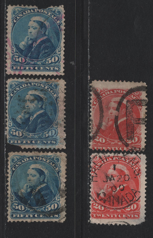 Lot 23 (C) Canada #46-47 20c - 50c Vermillion - Blue Queen Victoria, 1870-1893 Small Queen Issue, 5 Ungraded Used Singles, Faulty Examples, Ideal For Studying The Paper Types, Moderate To Severe Faults.