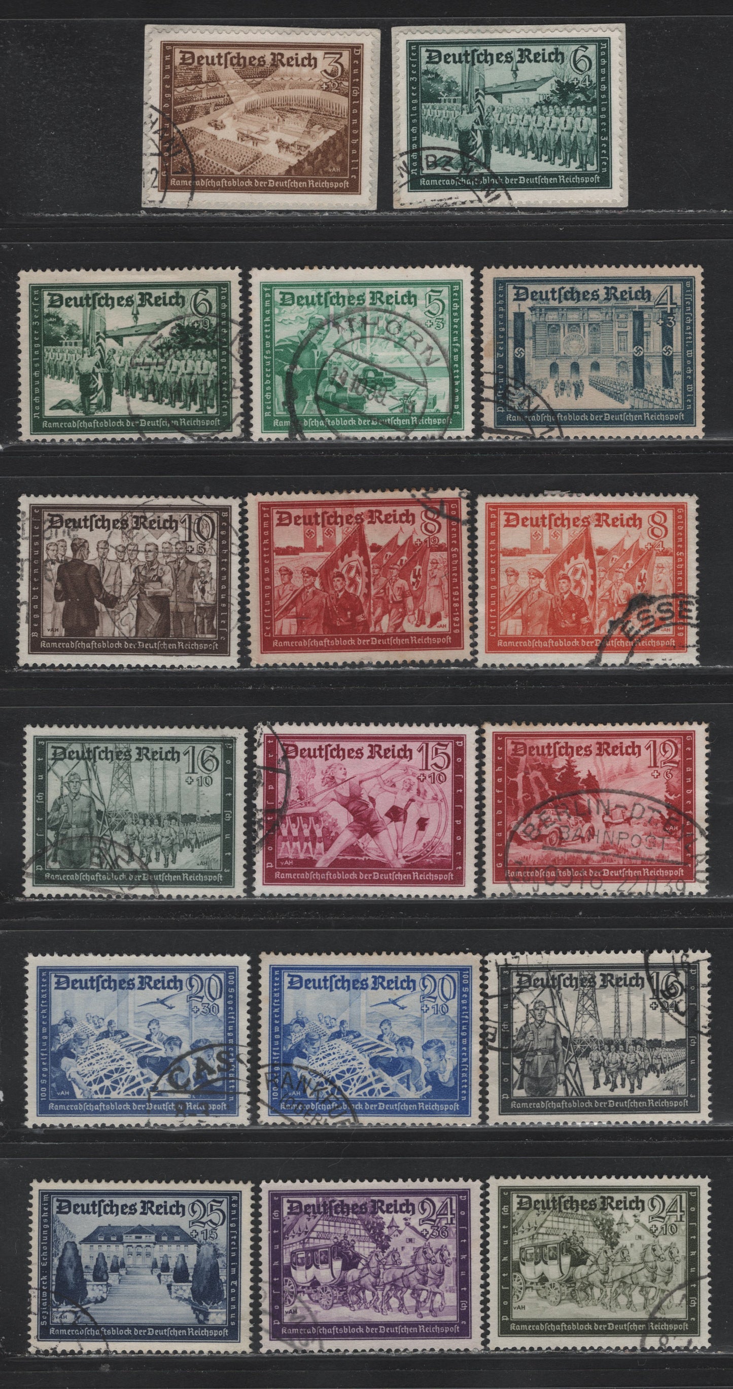 Lot 232 Germany SC#B148/B159 (702-713, 773-778) 3pf+2pf - 25pf+15pf Bistre Brown - Dark Blue , 1939-1941 Hitler's National Culture Fund Issues, 17 Fine/Very Fine Used Singles, Nearly Complete Set, Missing Only B154A - 12pf+18pf Dark Carmine Rose