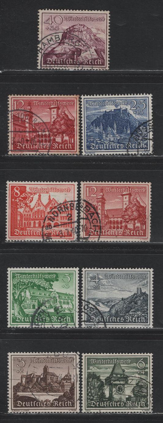 Lot 233 Germany SC#B160/B168 (730y-735x-y, 737y-738y) 3pf+2pf - 40pf+35pf Dark Brown - Rose Violet, 1939 Winter Help Semi Postal Issue, 9 Very Fine Used Singles