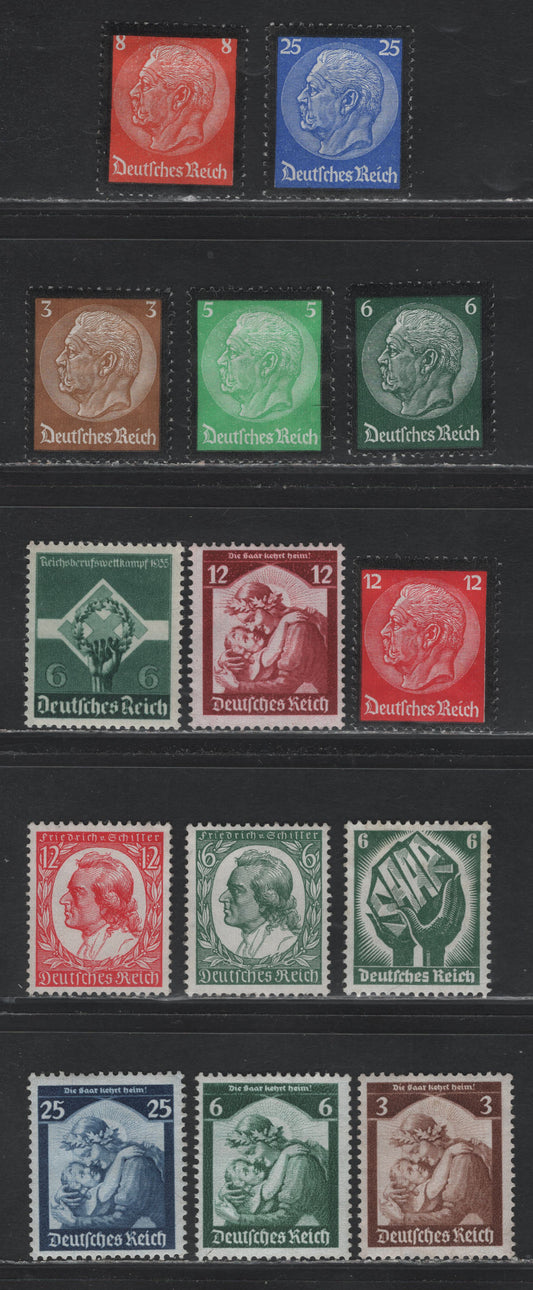 Lot 235 Germany SC#436-441, 444, 446-451, 454 (544/571x) 3pf - 6pf Olive Bistre - Dark Green, 1934-1935 Hindenburg Memorial - Young Workers Professional Competitions Issues, 14 F/VFOG Singles