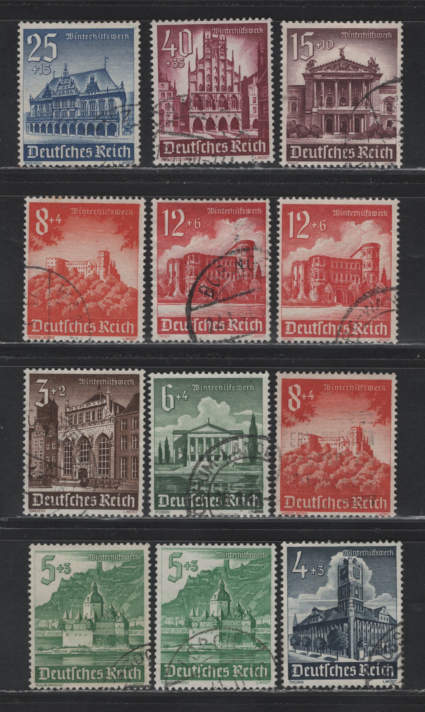 Lot 237 Germany SC#B177-B185 (751-759) 3pf+2pf - 40pf+35pf Dark Brown - Red Lilac , 1940 Winter Help Semi Postal Issue, 12 Fine/Very Fine Used Singles