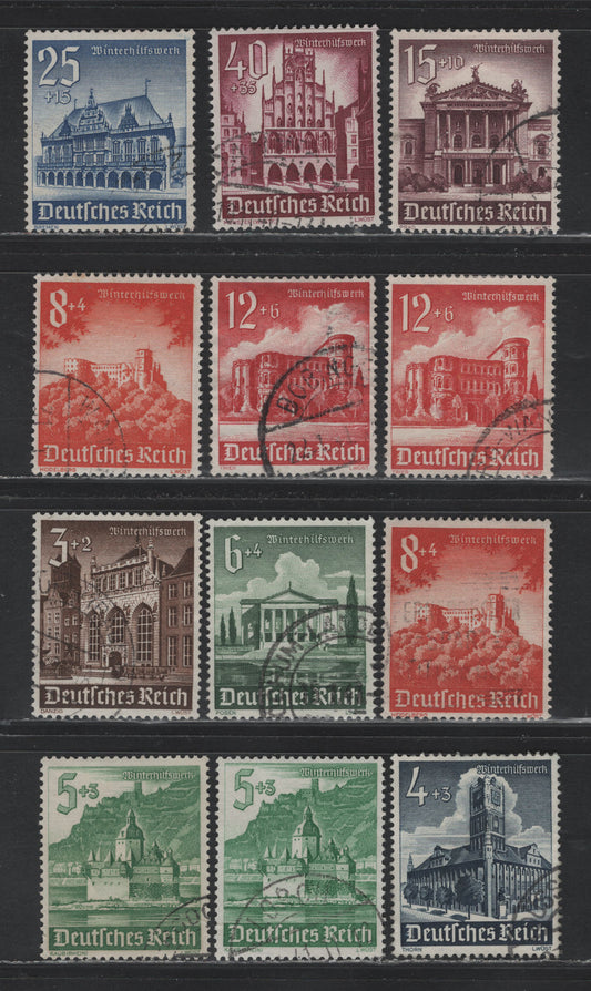 Lot 237 Germany SC#B177-B185 (751-759) 3pf+2pf - 40pf+35pf Dark Brown - Red Lilac, 1940 Winter Help Semi Postal Issue, 12 Fine/Very Fine Used Singles
