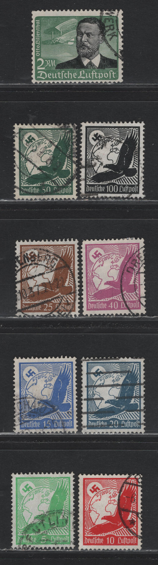 Lot 238 Germany SC#C46-C52, C54-C55 (529x-535x, 537x, 538x) 5pf - 2m Bright Green - Green & Black, 1934 Airmail Issue, 9 Fine/Very Fine Used Singles, Vertical Wove Papers