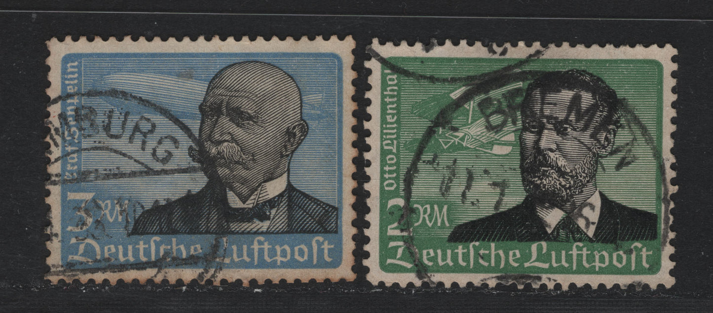 Lot 239 Germany SC#C55-C56 (538x-539x) 2rm - 3rm Green & Black - Blue &Black , 1934 Airmail Issue, 2 Very Fine Used Singles, Vertical Wove Papers, Bremen & Hamburg Cancels