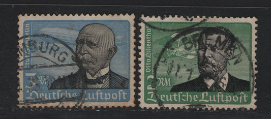 Lot 239 Germany SC#C55-C56 (538x-539x) 2rm - 3rm Green & Black - Blue &Black, 1934 Airmail Issue, 2 Very Fine Used Singles, Vertical Wove Papers, Bremen & Hamburg Cancels