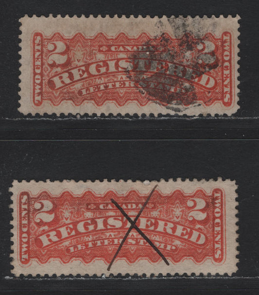 Lot 24 Canada #F1i 2c Orange Red, 1875-1896 Registration Issue, 2 Fine Used Singles, Mid Montreal Printings, Vertical Stout Wove Paper