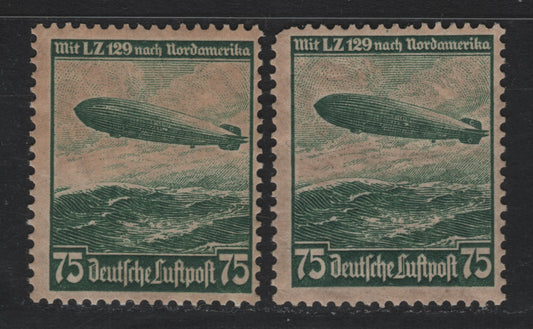 Lot 249 Germany SC#C58 (607x, 607y) 75pf Dull Green, 1934 Airmail Issue, 2 VG/FNH Singles, Wmk Swastika, Upper Hook To The Left & Right, Both With Original Gum Containing Sulphuric Acid.