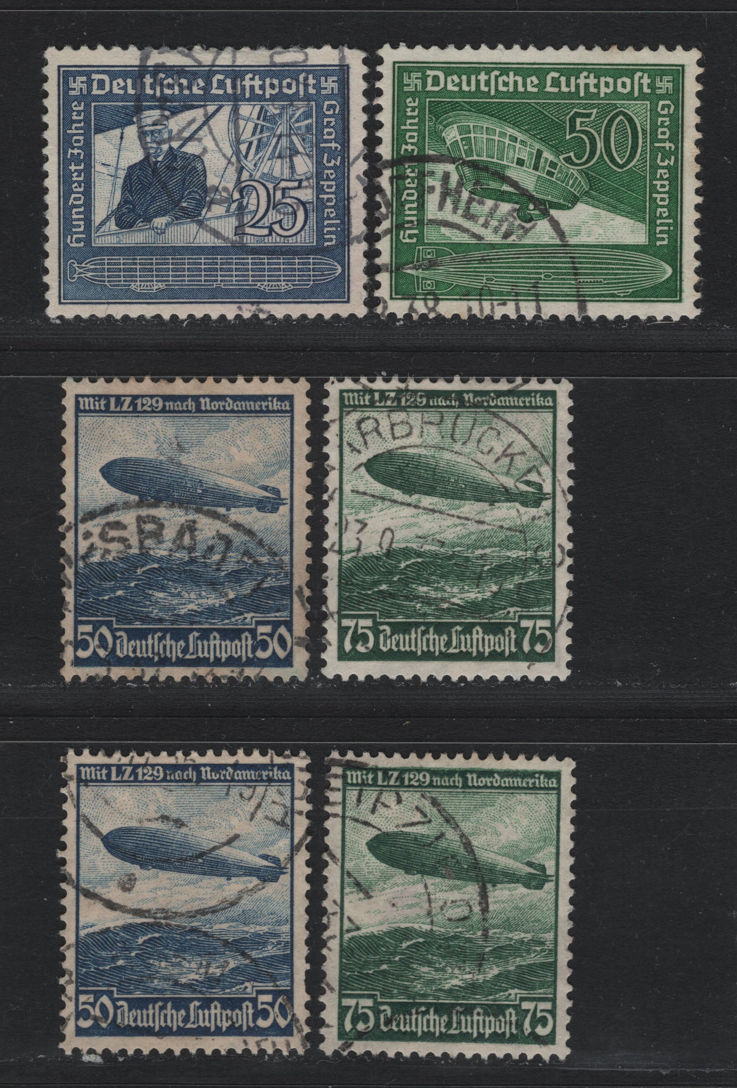 Lot 250 Germany SC#C57-C60 (607x-608x, 607y-608y, 669-670) 50pf Dark Blue - Emerald Green , 1936-1938 Airmail Issue, 6 Very Fine Used Singles, 1936 Issue Being Wmk Swastika's With Upper Hook Facing Left & Right