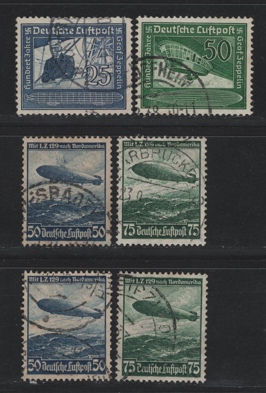 Lot 250 Germany SC#C57-C60 (607x-608x, 607y-608y, 669-670) 50pf Dark Blue - Emerald Green, 1936-1938 Airmail Issue, 6 Very Fine Used Singles, 1936 Issue Being Wmk Swastika's With Upper Hook Facing Left & Right