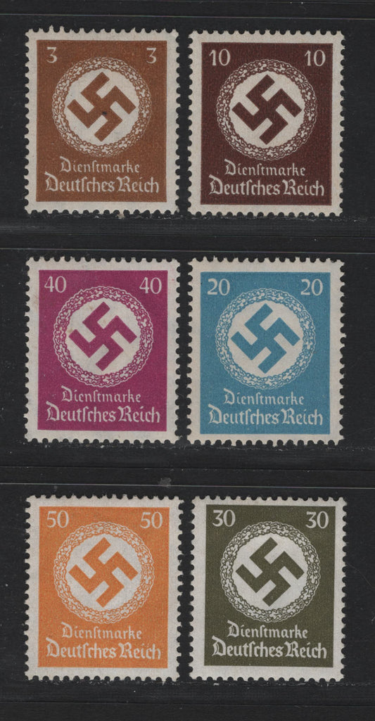 Lot 252 Germany SC#O80, O85, O88-O91 (132/143) 3pf - 50pf Brown - Orange Yellow, 1934 Swastika Design Official Issue, 6 VFOG Singles, Swastika Wmk