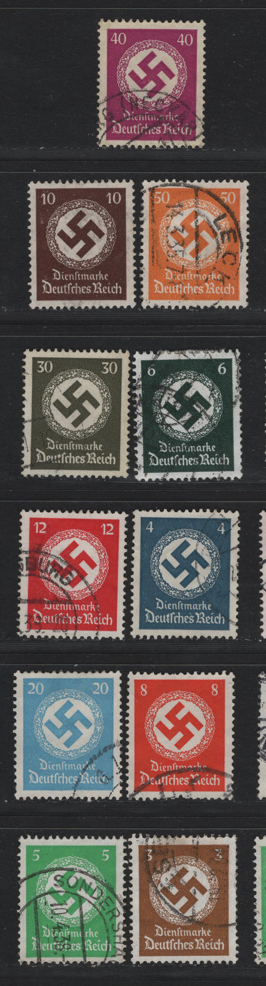 Lot 254 Germany SC#O80-O86, O88-O91 (132-138, 140-143) 3pf - 50pf Bistre Brown - Orange Yellow, 1934 Swastika Design Official Issue, 11 Very Fine Used Singles