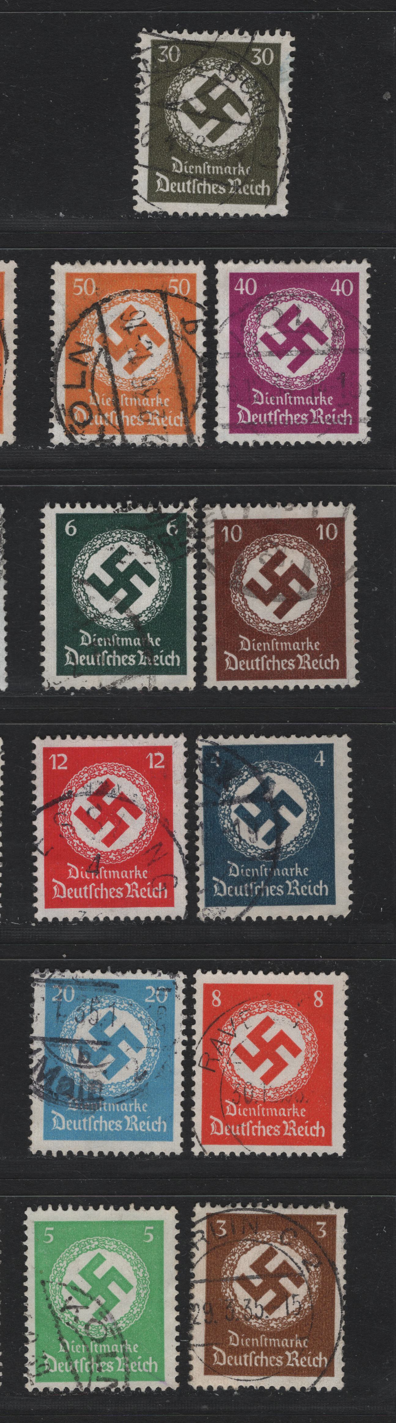 Lot 255 Germany SC#O80-O86, O88-O91 (132-138, 140-143) 3pf - 50pf Bistre Brown - Orange Yellow , 1934 Swastika Design Official Issue, 11 Fine Used Singles, As Lot 254, But Fine