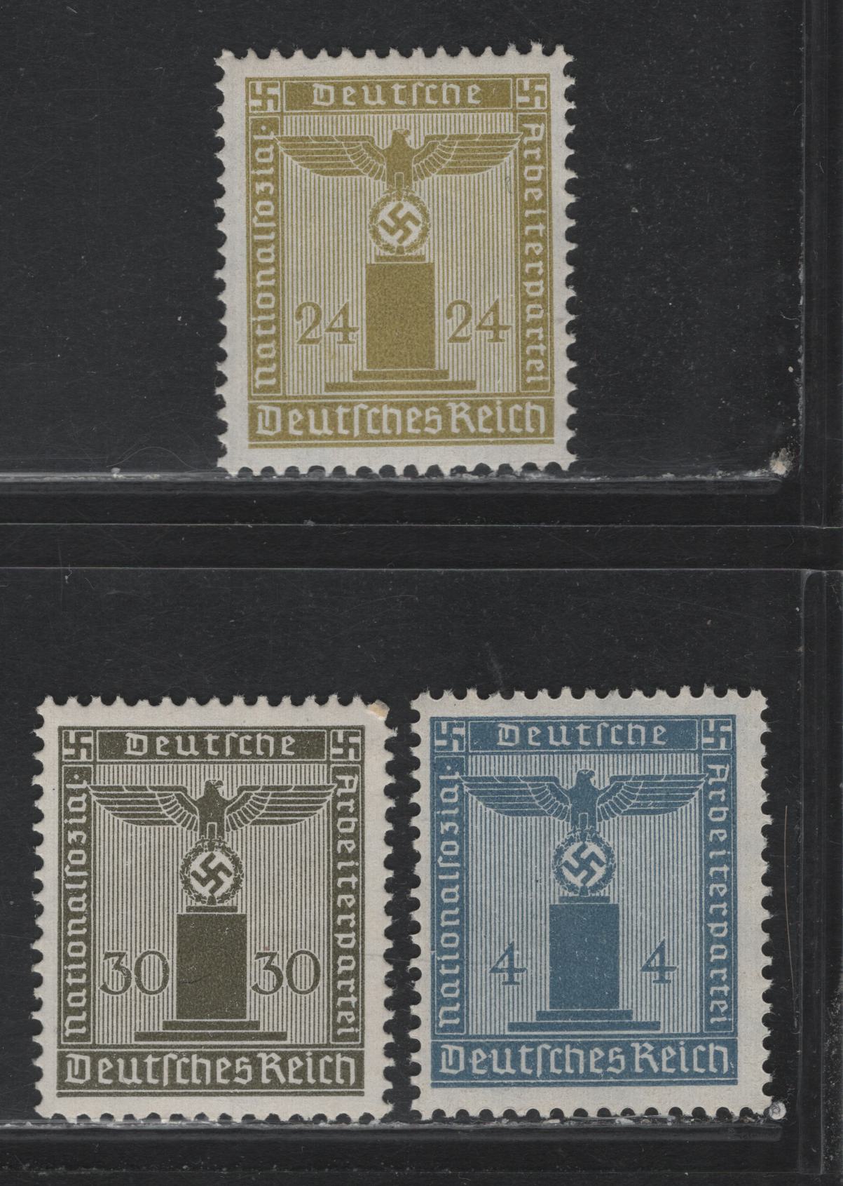 Lot 258 Germany SC#S3, S5, S10 (146, 152-153) 4pf - 30pf Dull Blue - Olive , 1938 Franchise Issue, 3 F/VFNH Singles, Swastikas Wmk