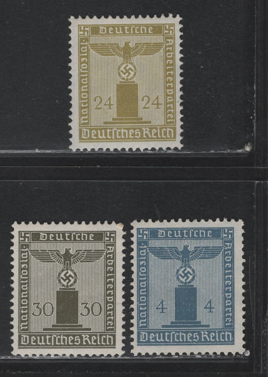 Lot 258 Germany SC#S3, S5, S10 (146, 152-153) 4pf - 30pf Dull Blue - Olive, 1938 Franchise Issue, 3 F/VFNH Singles, Swastikas Wmk