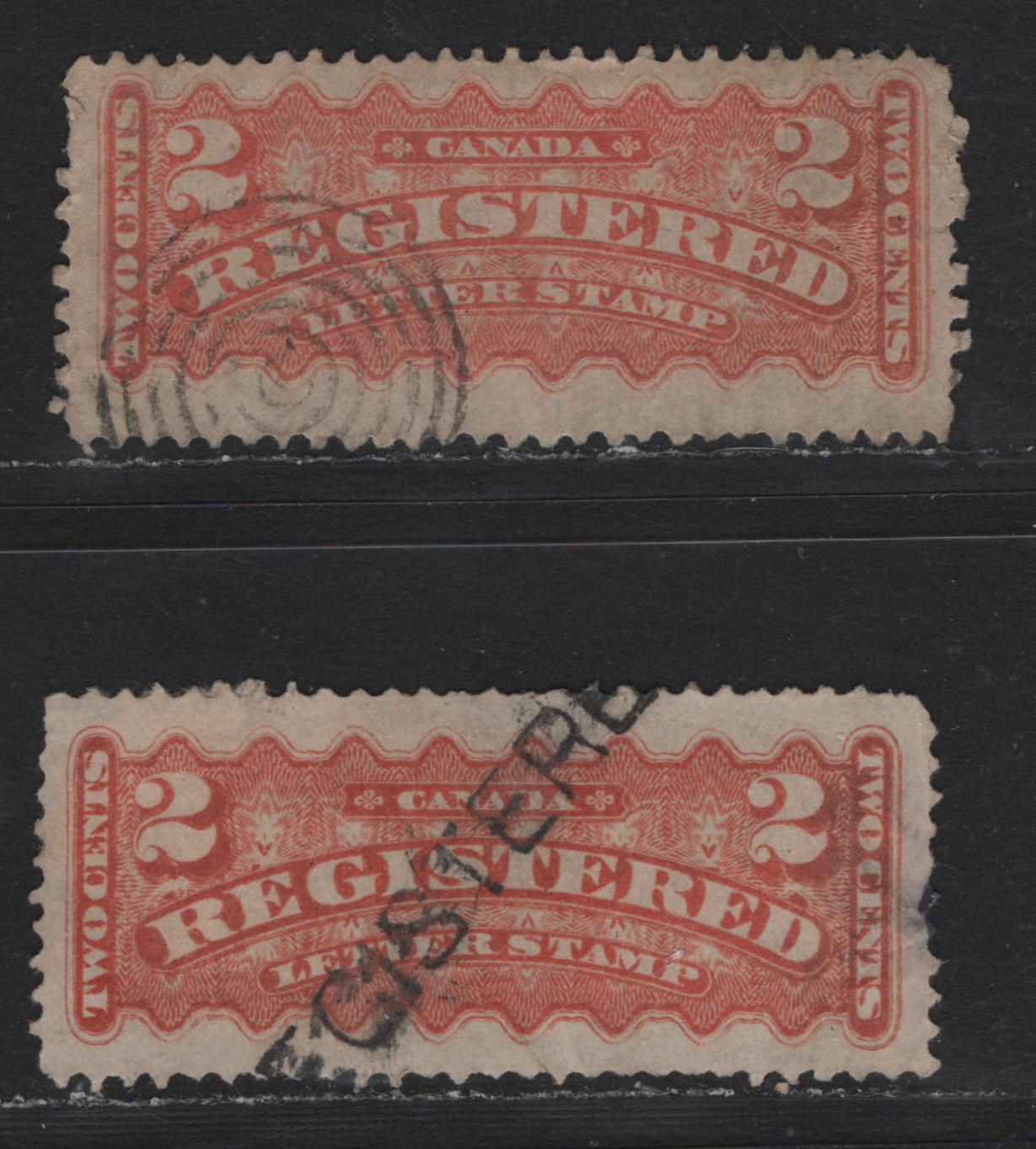 Lot 26 Canada #F1d 2c Orange , 1875-1896 Registration Issue, 2 Fair/Good Used Singles, Scarce Mid Montreal Printings On Stout Vertical Wove, One Has A Diagonal Crease Visible From The Front, One Has A Thin