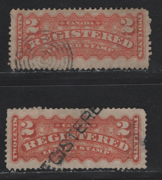Lot 26 Canada #F1d 2c Orange, 1875-1896 Registration Issue, 2 Fair/Good Used Singles, Scarce Mid Montreal Printings On Stout Vertical Wove, One Has A Diagonal Crease Visible From The Front, One Has A Thin