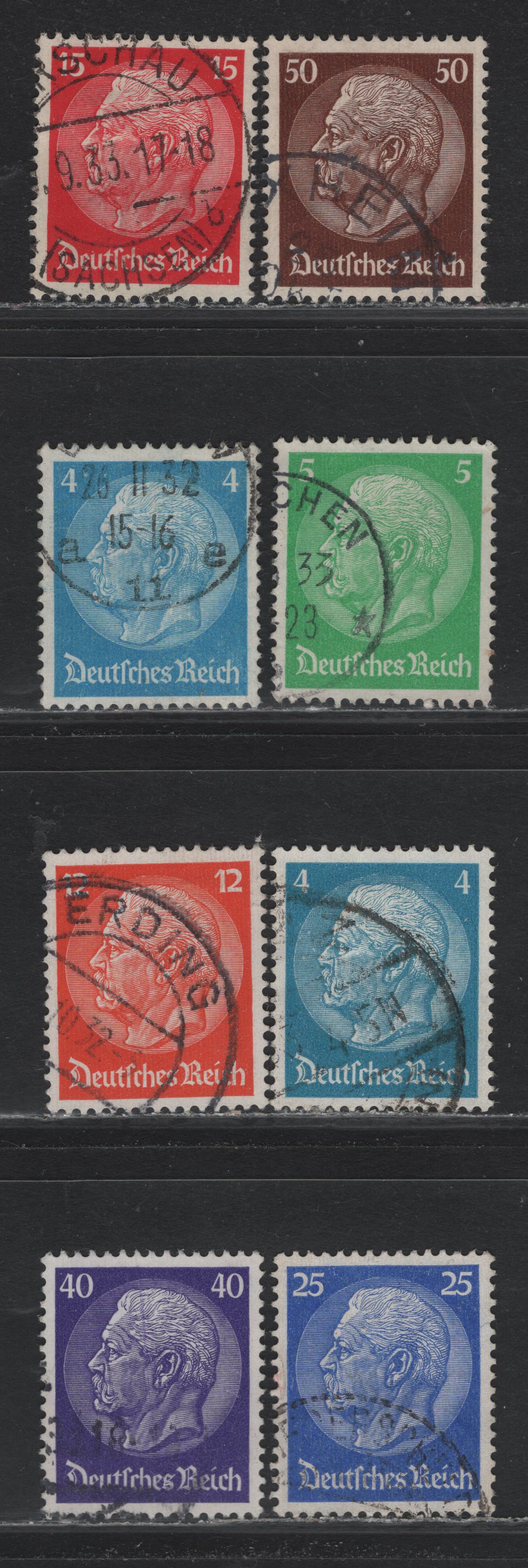 Lot 262 Germany SC#391-397 (467-473) 4pf - 50pf Blue - Dark Brown , 1932 85th Birthday Of Con Hindenburg Issue, 8 Very Fine Used Singles, Includes 2 Shades of 4pf