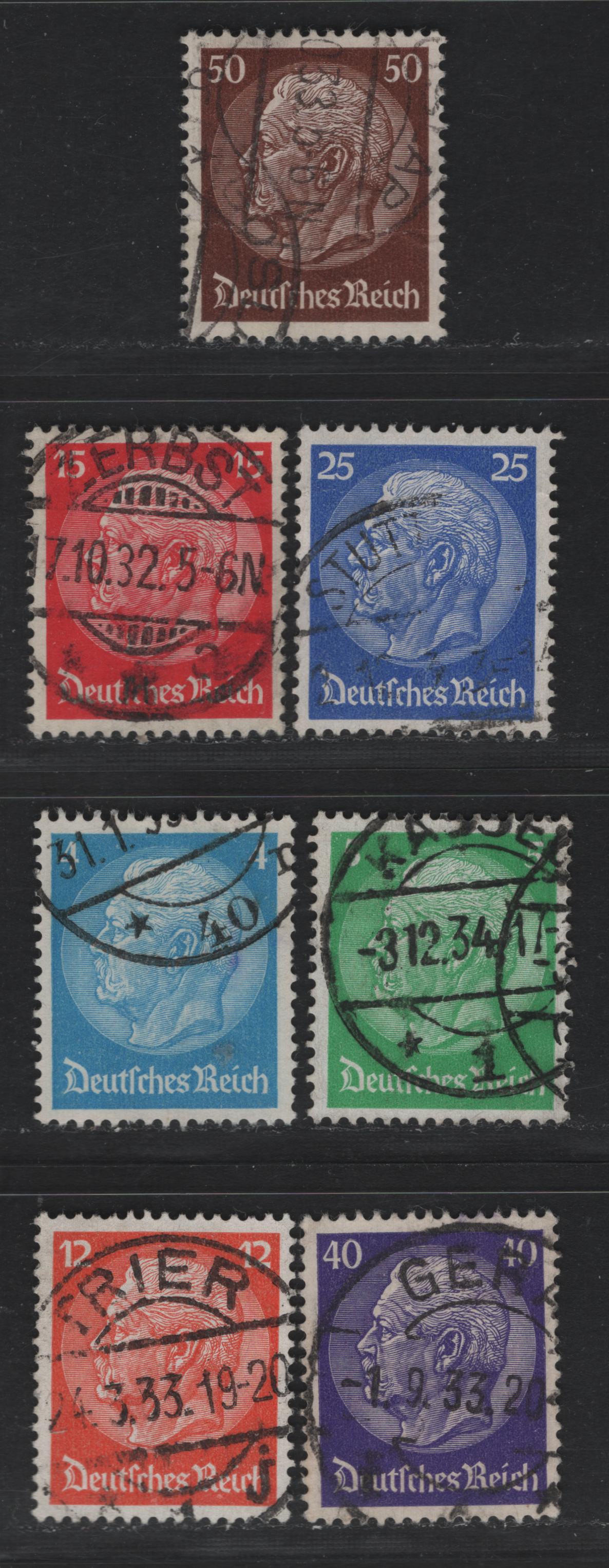 Lot 263 Germany SC#391-397 (467-473) 4pf - 50pf Blue - Dark Brown , 1932 85th Birthday Of Con Hindenburg Issue, 8 Very Fine Used Singles, Same As 262, But Some Readable Town Cancels, Wrinkles On 50pf.