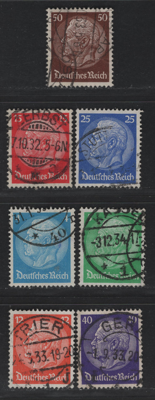 Lot 263 Germany SC#391-397 (467-473) 4pf - 50pf Blue - Dark Brown, 1932 85th Birthday Of Von Hindenburg Issue, 8 Very Fine Used Singles, Same As 262, But Some Readable Town Cancels, Wrinkles On 50pf.