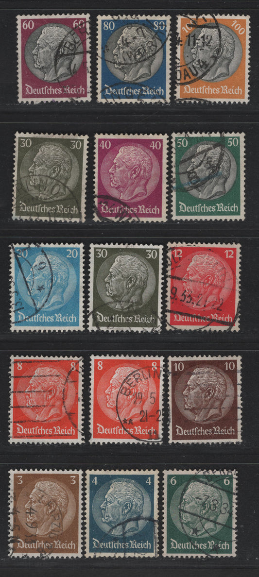 Lot 265 Germany SC#401-406, 408-414 3pf - 100pf Bistre Brown - Orange & Black, 1933 Hindenburg Issue, 15 Very Fine Used Singles, Network Wmk, Near Complete Set, Missing Only 15pf But Including Both Open & Closed 'D' on 8pf.