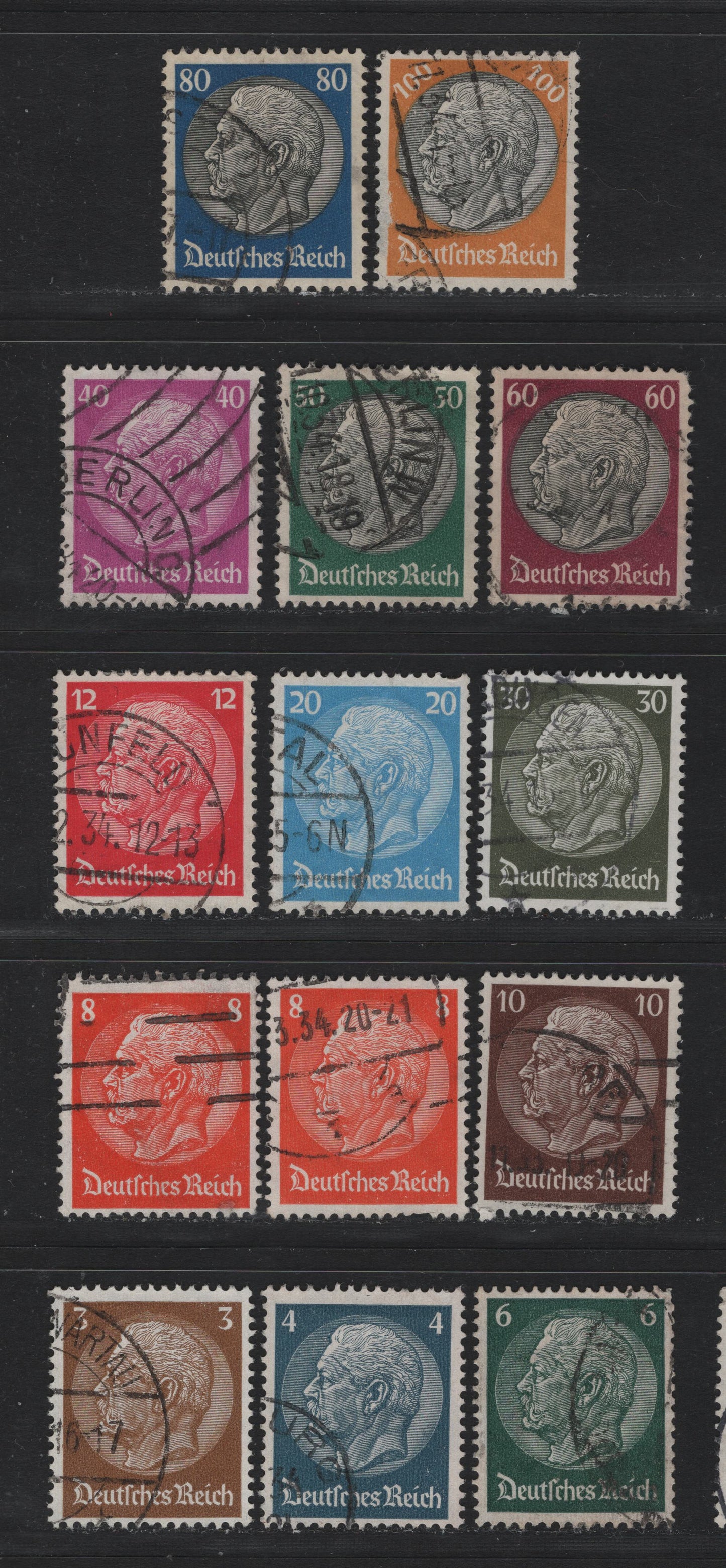 Lot 266 Germany SC#401-406, 408-414 3pf - 100pf Bistre Brown - Orange & Black , 1933 Hindenburg Issue, 14 Fine/Very Fine Used Singles, As Lot 265, But Fine