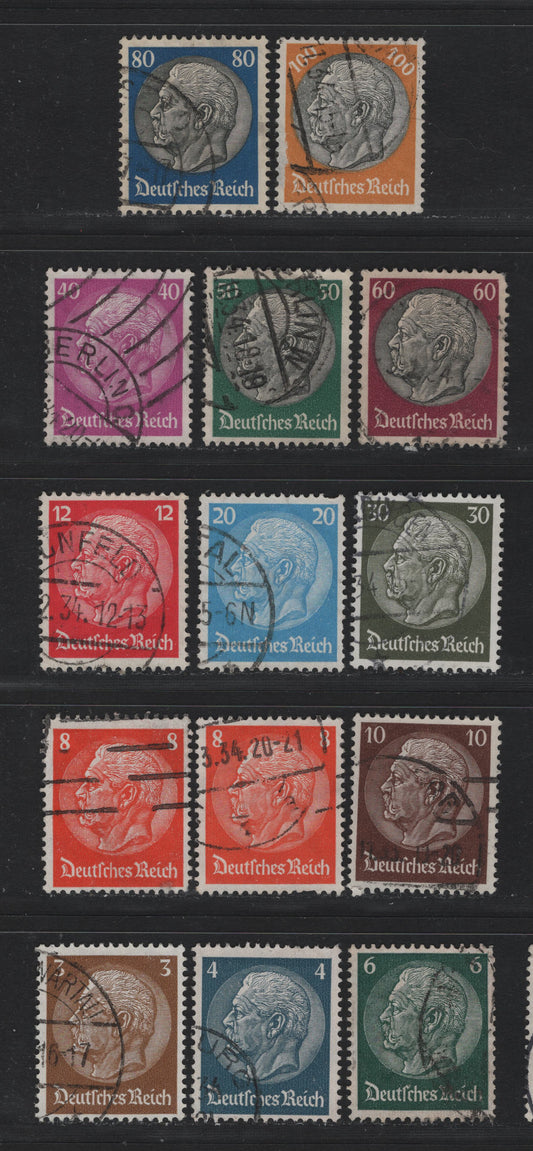 Lot 266 Germany SC#401-406, 408-414 3pf - 100pf Bistre Brown - Orange & Black, 1933 Hindenburg Issue, 14 Fine/Very Fine Used Singles, As Lot 265, But Fine